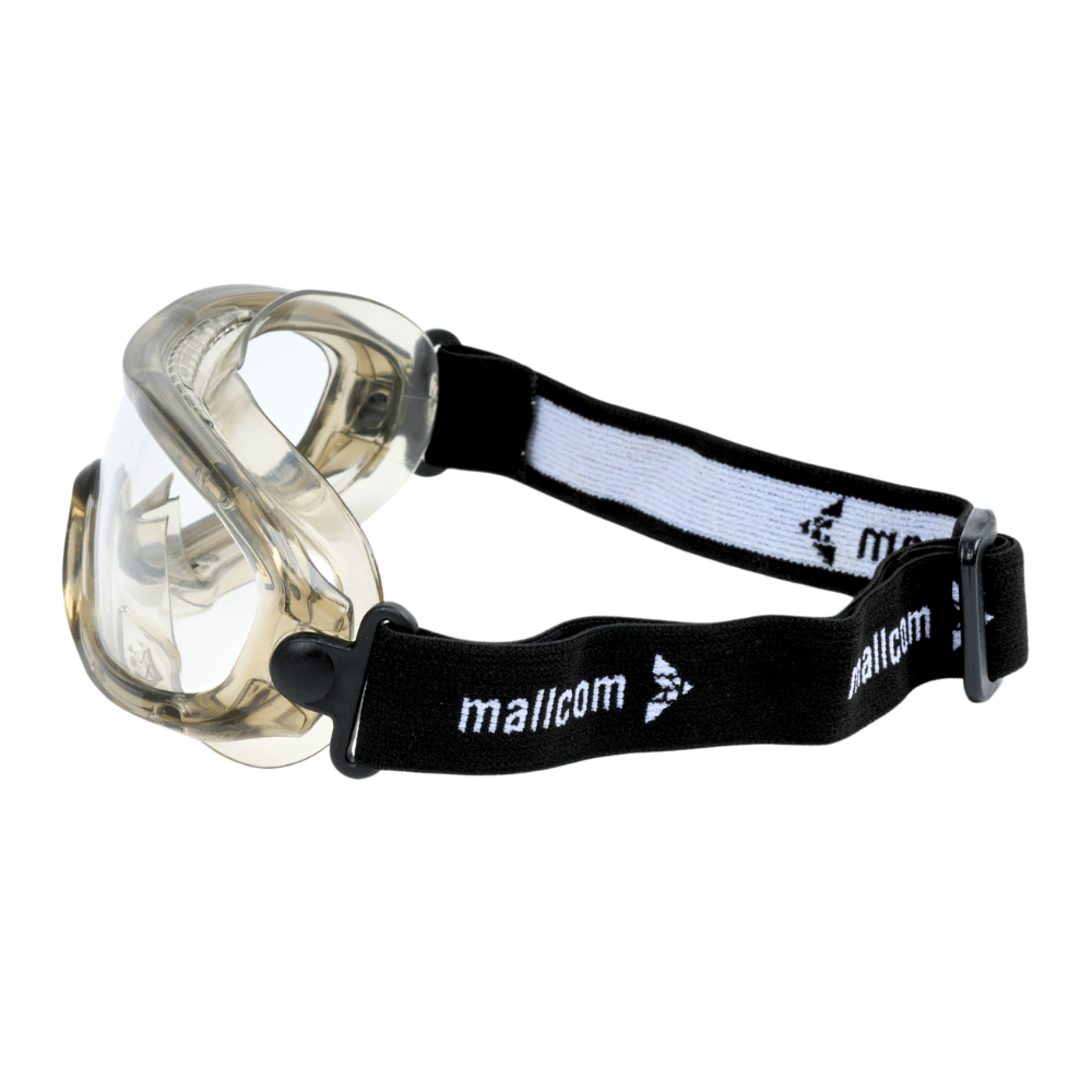 Left-side view of Mallcom Agena safety goggles with a clear protective lens, white frame with a visible Mallcom brand label on a black adjustable strap.