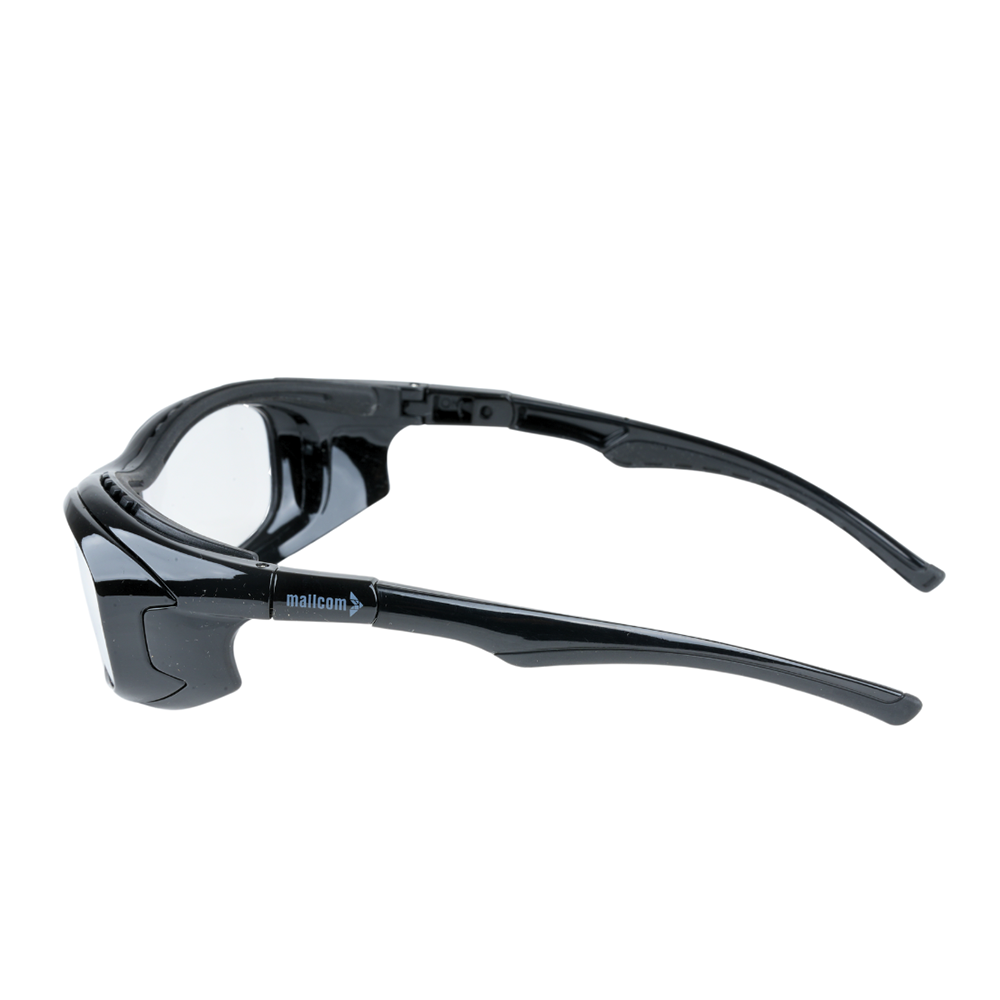 Mallcom Altair protective eyewear side profile with a clear wraparound lens, black frame, adjustable temples on a white background.