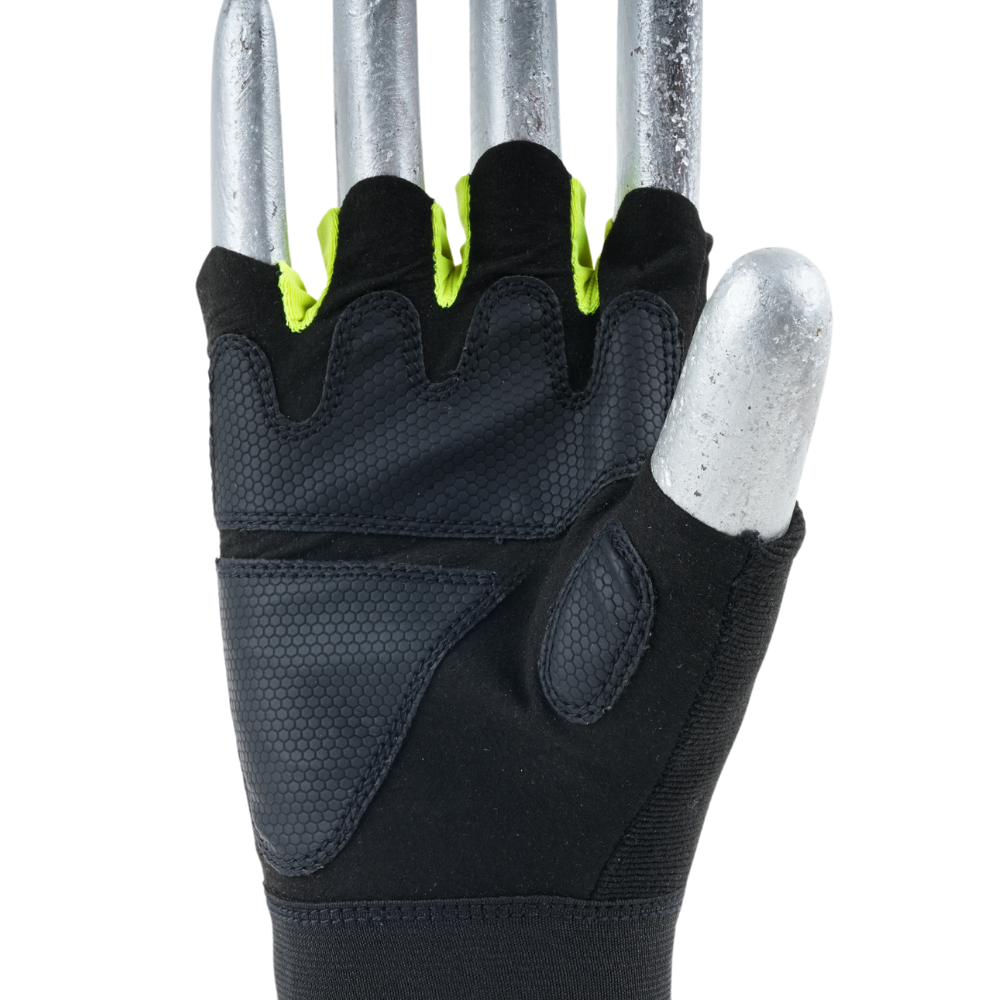 Close-up view of MACH 32 safety gloves showing honeycomb grip texture, padding, and stitching quality.