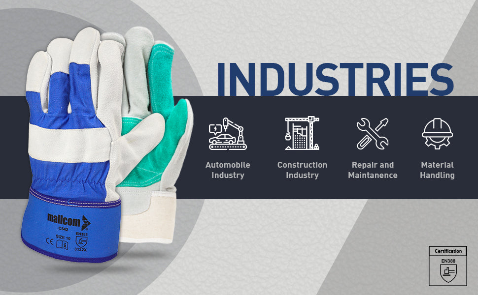 Worker wearing leather safety gloves for material handling and industrial protection tasks