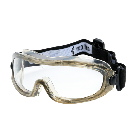 A pair of white-framed, clear polycarbonate safety goggles with a black strap and branding on the strap label.