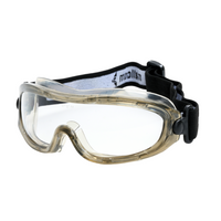 Mallcom Agena safety goggles with a clear protective lens, white frame,  visible Mallcom brand label on the  black adjustable strap
