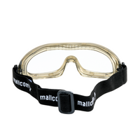 Back view of Mallcom Agena safety goggles with a white frame with a visible Mallcom brand label on a black adjustable strap.

