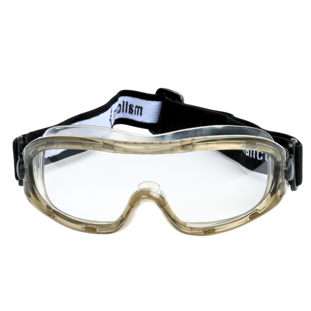  Mallcom Agena safety goggles with a clear protective lens, white frame, black adjustable strap, and visible  brand label on the black adjustable strap.