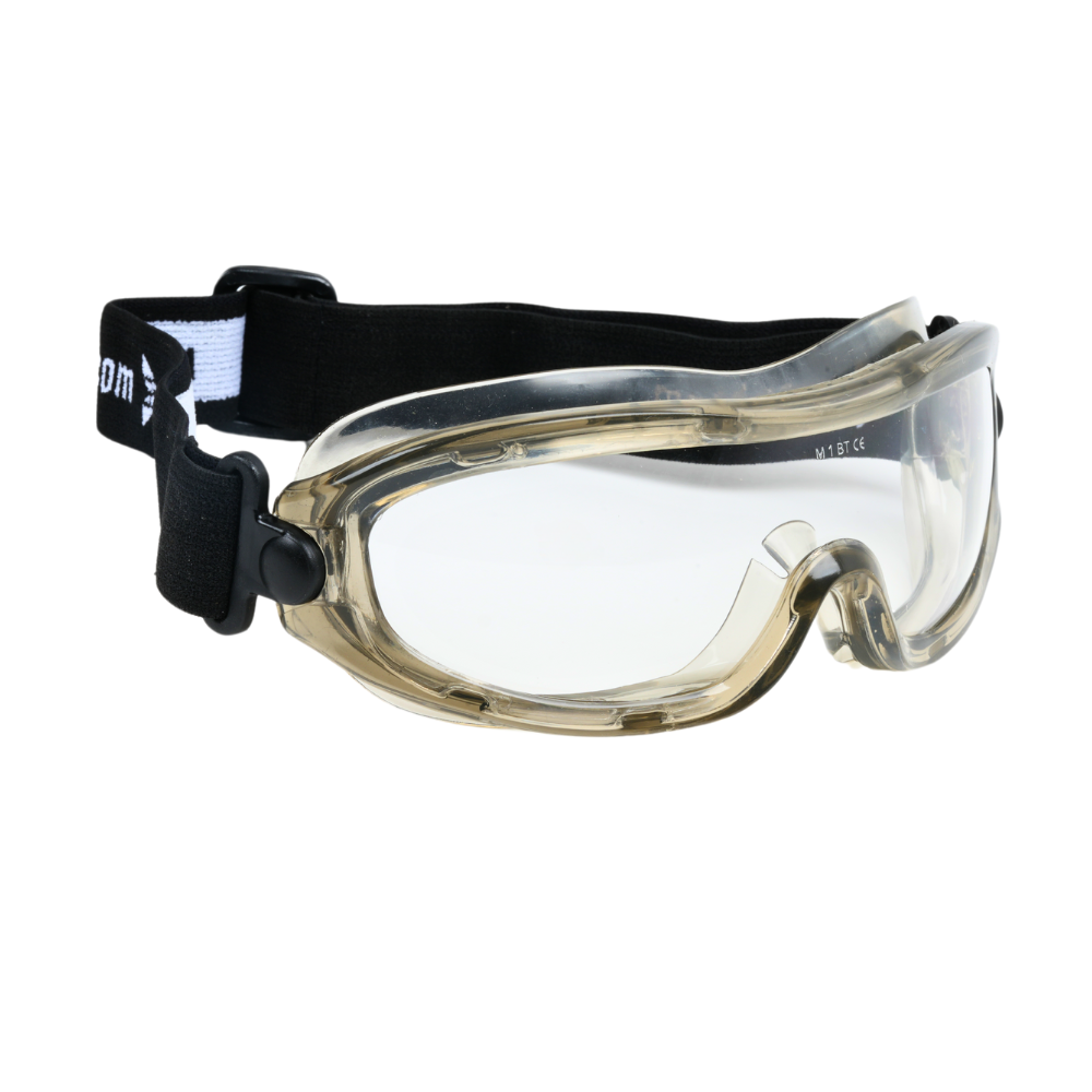 Right-angled view of Mallcom Agena safety goggles with a clear protective lens, white frame with a visible Mallcom brand label on a black adjustable strap. 

