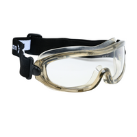 Right-angled view of Mallcom Agena safety goggles with a clear protective lens, white frame with a visible Mallcom brand label on a black adjustable strap. 

