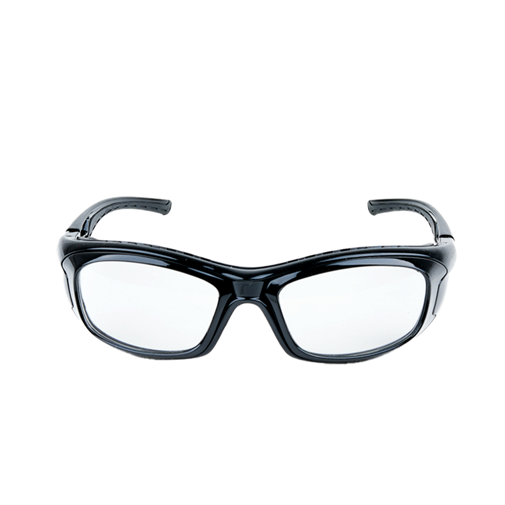 Front view of Mallcom Altair safety goggles featuring a clear wraparound lens, black protective frame, adjustable side temples, and removable eyebrow protector.
