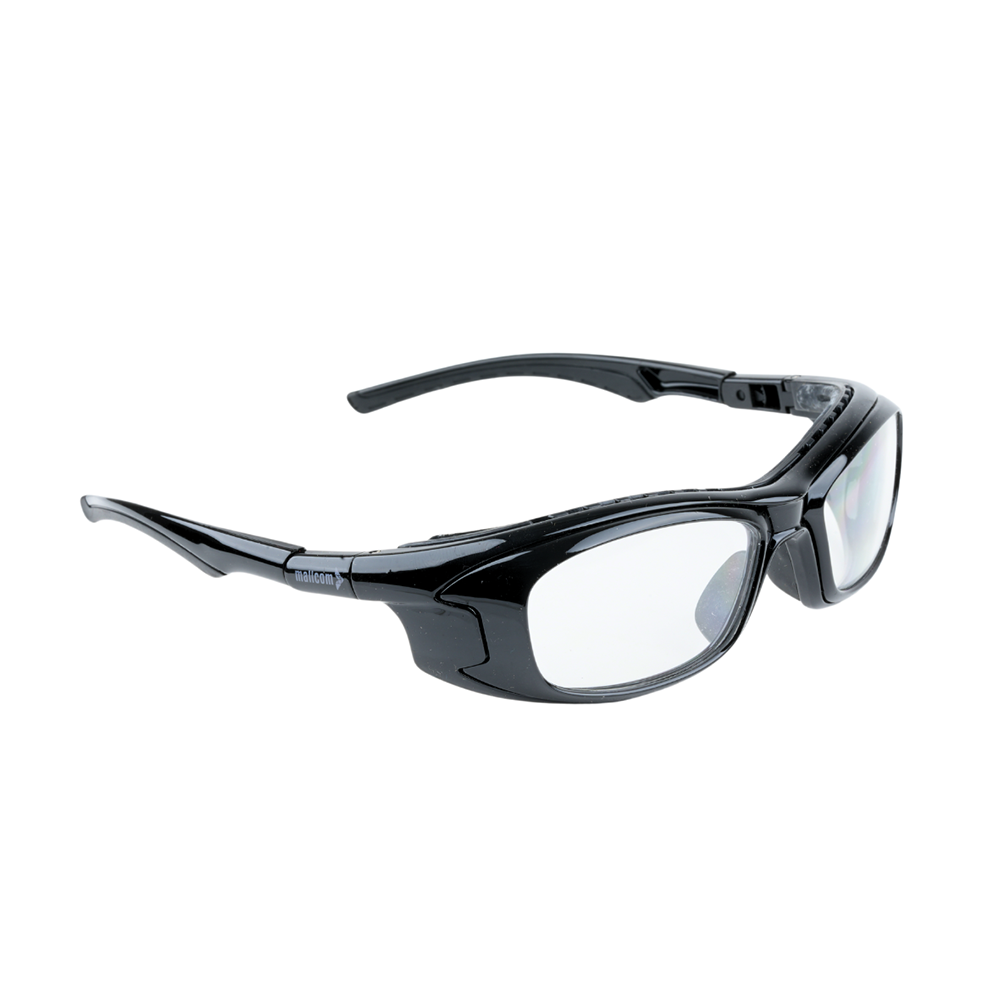 Right-angled view of Mallcom Altair safety goggles with a clear wraparound lens, black frame, adjustable side temples.
