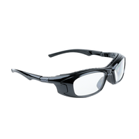 Right-angled view of Mallcom Altair safety goggles with a clear wraparound lens, black frame, adjustable side temples.

