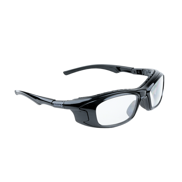 Right-angled view of Mallcom Altair safety goggles with a clear wraparound lens, black frame, adjustable side temples.
