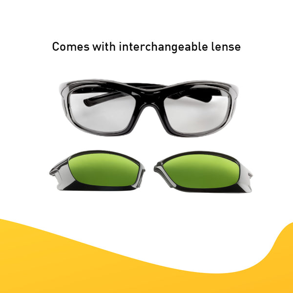 Close-up front view of Mallcom Altair safety goggles with a clear interchangeable wraparound lens, black protective frame, and adjustable side temples on a white background.


