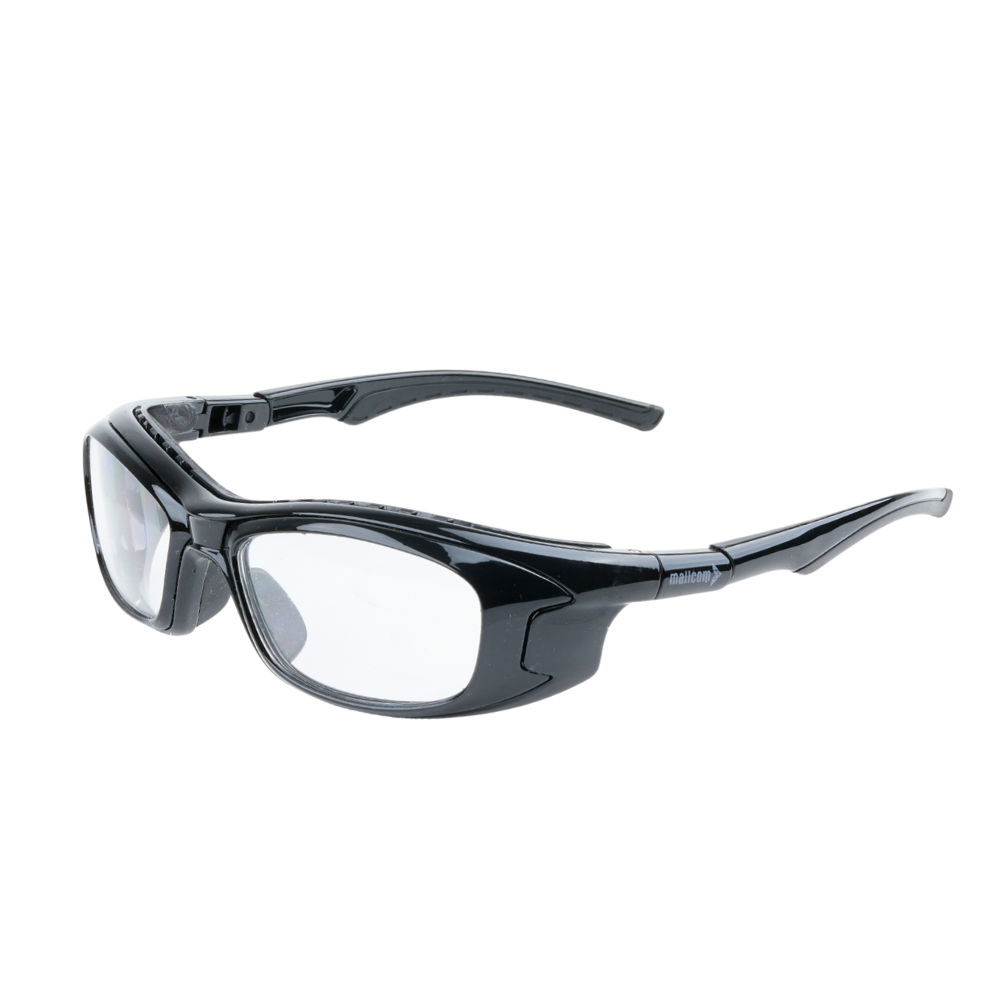 Left-side view of Mallcom Altair safety goggles with a clear wraparound lens, black frame, adjustable side temples, and white background.

