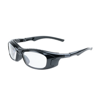 Left-side view of Mallcom Altair safety goggles with a clear wraparound lens, black frame, adjustable side temples, and white background.

