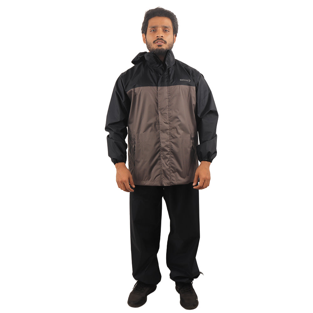 ARCUS grey and black waterproof rainwear suit with seam-sealed jacket and pants, detachable hood, and multiple utility pockets.