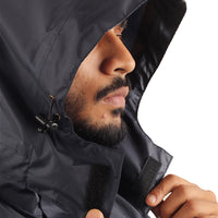Velcro closure on the ARCUS grey and blue rainwear hood for secure attachment and easy removal.