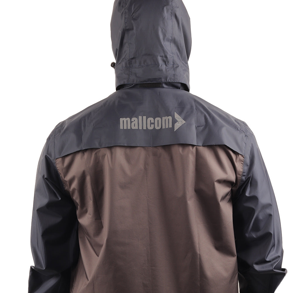 Back view of the ARCUS grey and blue rainwear jacket showcasing waterproof construction and protective design.