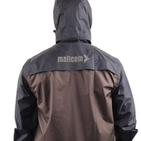 Back view of the ARCUS grey and blue rainwear jacket showcasing waterproof construction and protective design.