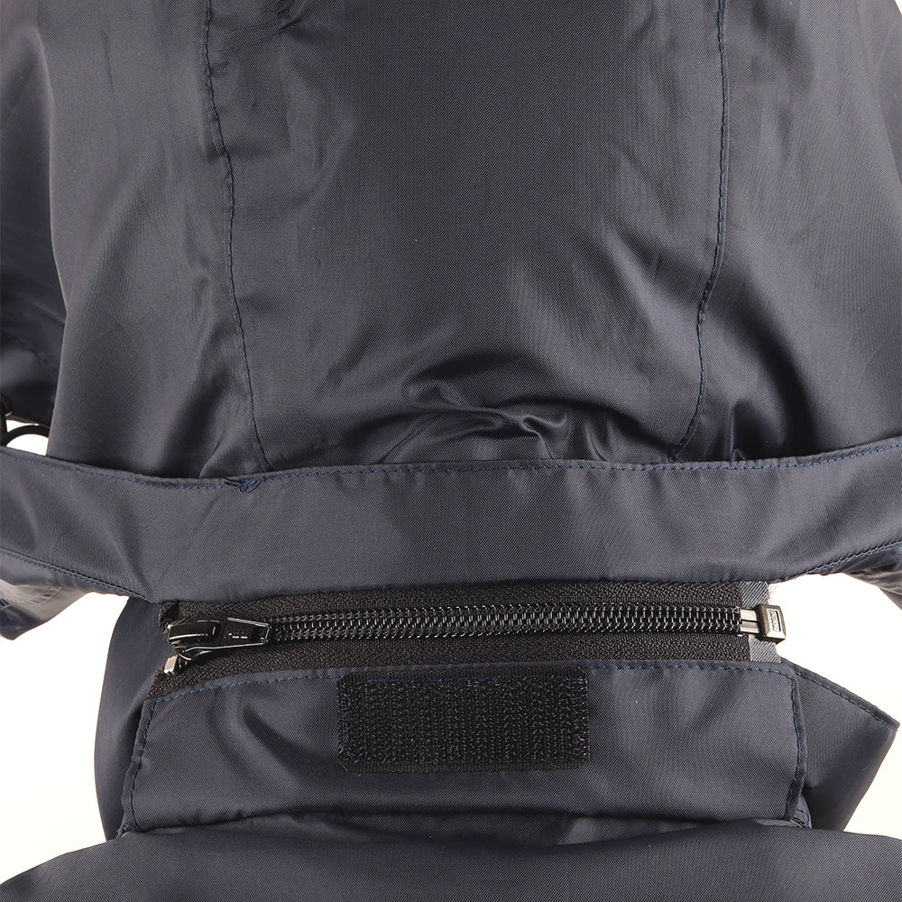 Detachable hood on the ARCUS grey and blue rainwear jacket for versatile weather protection and convenience.