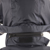 Detachable hood on the ARCUS grey and blue rainwear jacket for versatile weather protection and convenience.