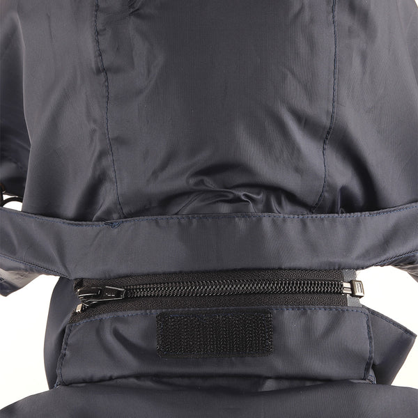 Detachable hood on the ARCUS grey and blue rainwear jacket for versatile weather protection and convenience.