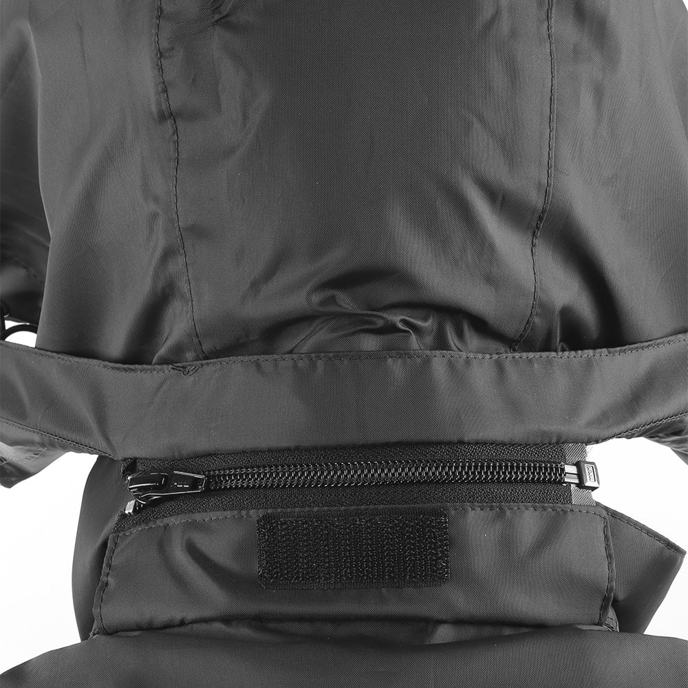 Detachable hood on the ARCUS olive and black rainwear jacket for versatile weather protection and convenience.