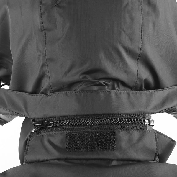Detachable hood on the ARCUS olive and black rainwear jacket for versatile weather protection and convenience.