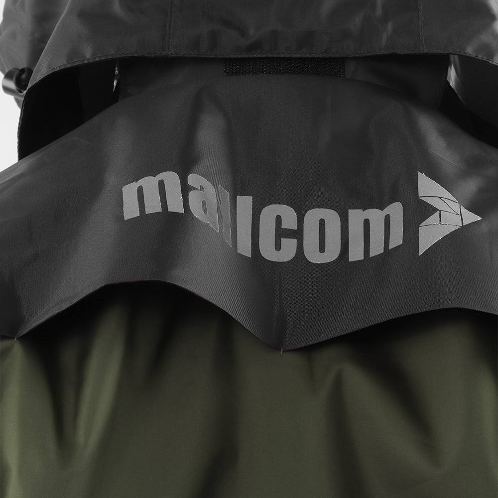 Back view of the detachable hood on the ARCUS olive and black rainwear jacket featuring Mallcom branding.