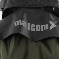Back view of the detachable hood on the ARCUS olive and black rainwear jacket featuring Mallcom branding.