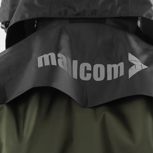 Back view of the detachable hood on the ARCUS olive and black rainwear jacket featuring Mallcom branding.