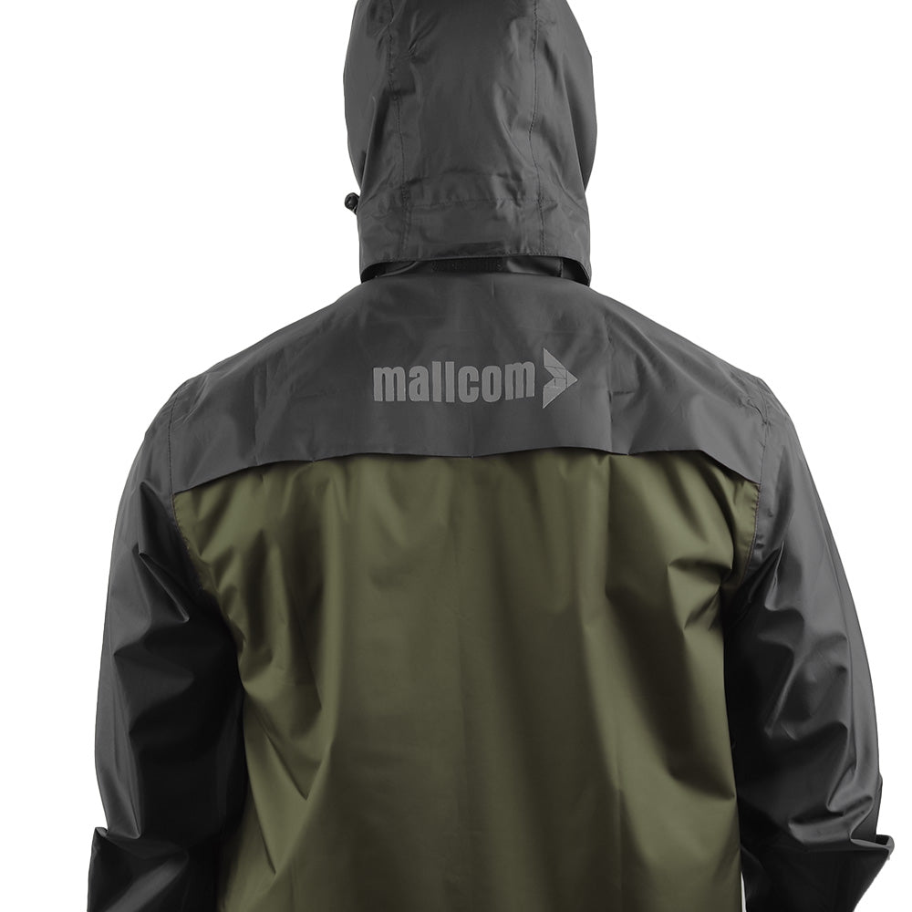 Back view of the ARCUS olive and black rainwear jacket featuring Mallcom branding.