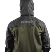 Back view of the ARCUS olive and black rainwear jacket featuring Mallcom branding.