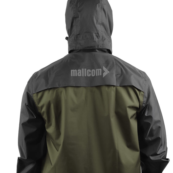 Back view of the ARCUS olive and black rainwear jacket featuring Mallcom branding.