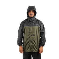 Front view of the ARCUS olive and black rainwear jacket featuring a zip-and-Velcro closure, utility pockets, and waterproof construction.