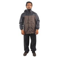 ARCUS grey and blue waterproof rainwear suit with seam-sealed jacket and pants, detachable hood, and multiple utility pockets.
