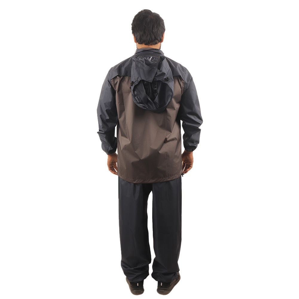Back view of the ARCUS grey and blue rainwear suit showcasing waterproof construction and protective design.