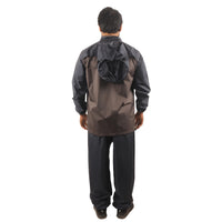 Back view of the ARCUS grey and blue rainwear suit showcasing waterproof construction and protective design.