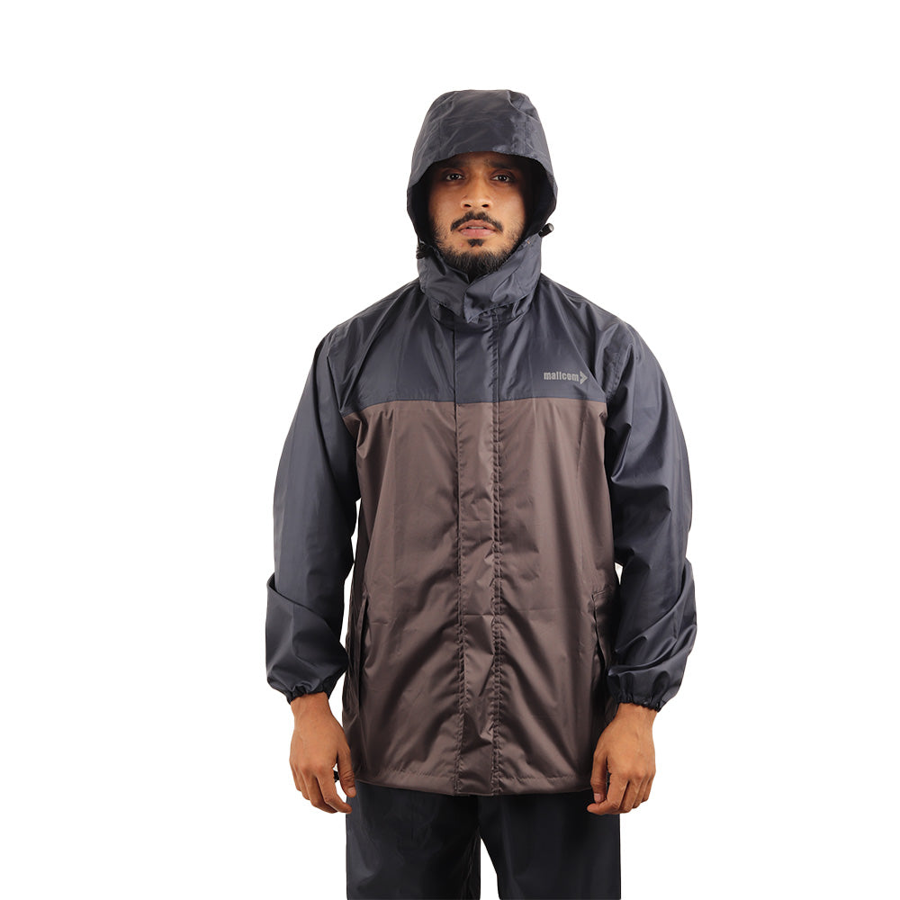 Front view of the detachable hood on the ARCUS grey and blue rainwear jacket.