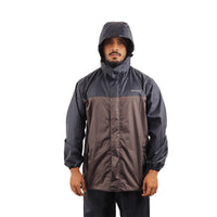 Front view of the detachable hood on the ARCUS grey and blue rainwear jacket.