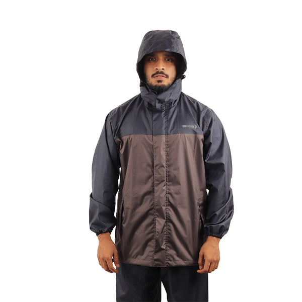 Front view of the detachable hood on the ARCUS grey and blue rainwear jacket.