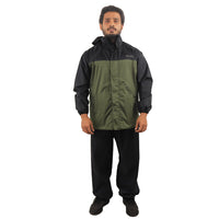 ARCUS olive and black waterproof rainwear suit with seam-sealed jacket and pants, detachable hood, and multiple utility pockets.