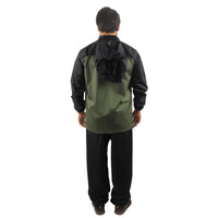 Back view of the ARCUS olive and black rainwear suit showcasing waterproof construction and protective design.
