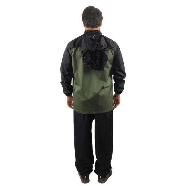 Back view of the ARCUS olive and black rainwear suit showcasing waterproof construction and protective design.