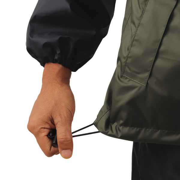 Adjustable side drawstring on the ARCUS olive and black rainwear jacket for improved fit and comfort.