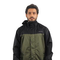 ARCUS olive and black waterproof rainwear suit with seam-sealed jacket and pants, detachable hood, and multiple utility pockets.