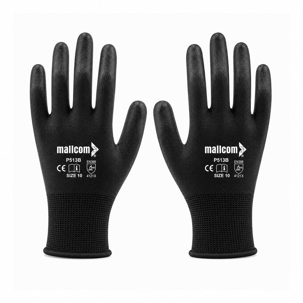 P513B PU Coated Safety Gloves Pack of 12 I Smooth Finish Grip I Lightweight Polyester Work Gloves