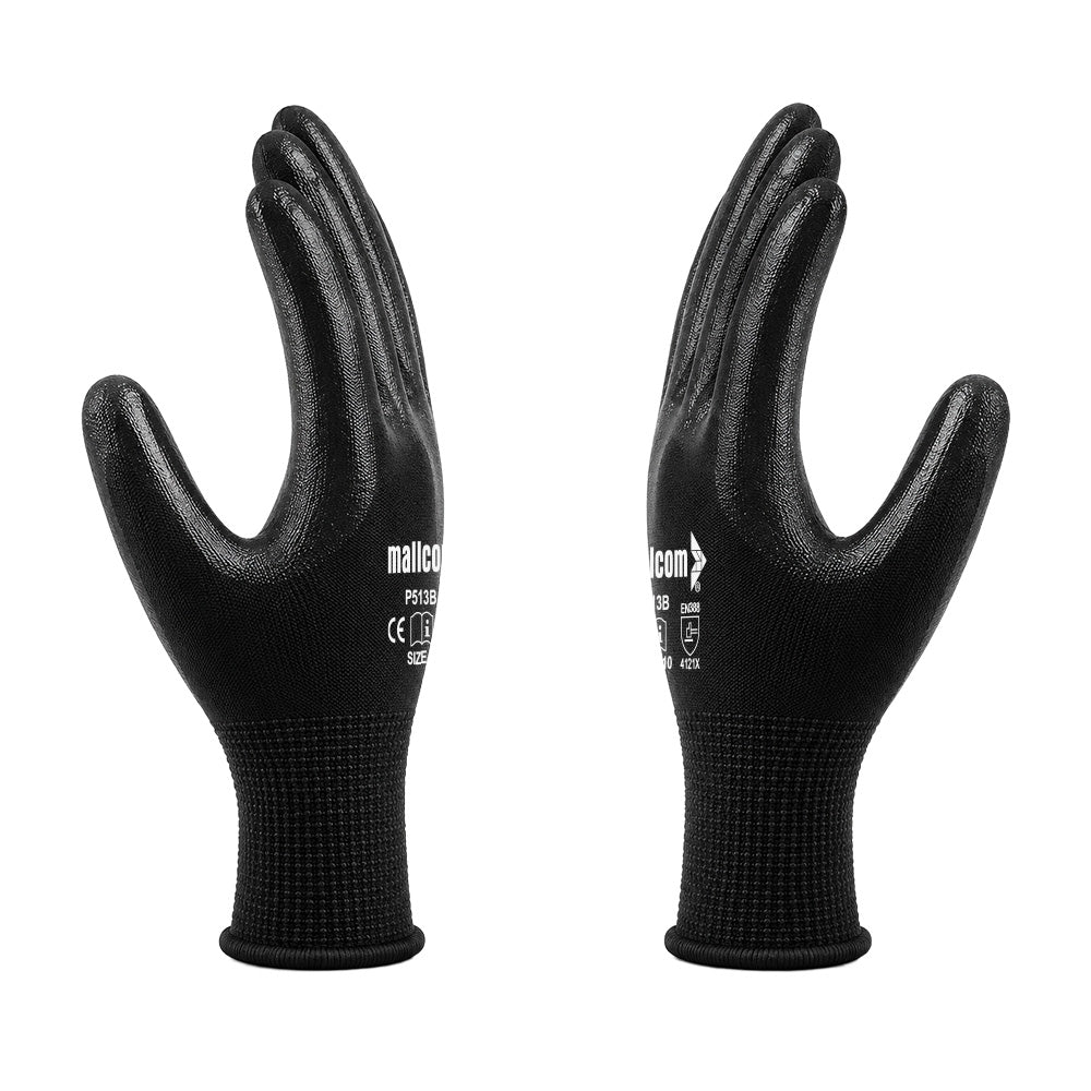 P513B PU Coated Safety Gloves Pack of 12 I Smooth Finish Grip I Lightweight Polyester Work Gloves