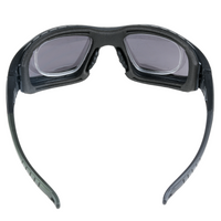 Mallcom Avior safety goggles back view with adjustable temples and black frame on a white background.
