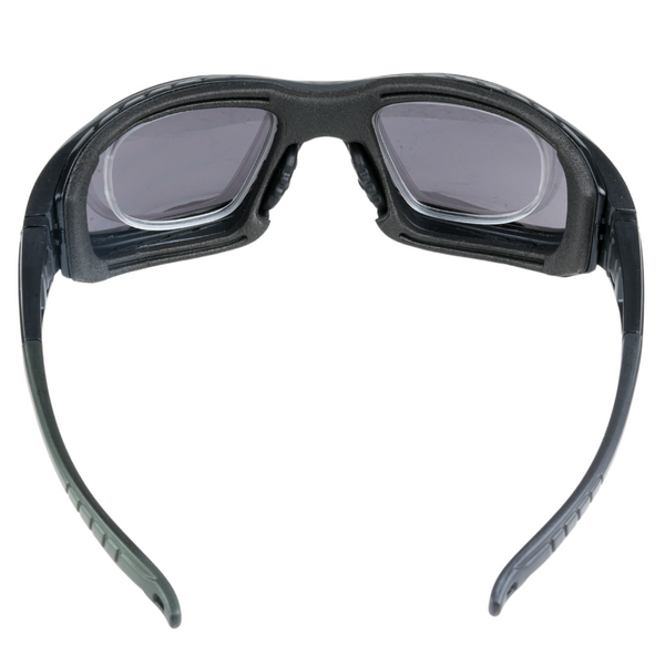 Mallcom Avior safety goggles back view with adjustable temples and black frame on a white background.
