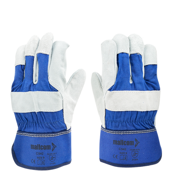 Mallcom C542 leather gloves with blue cotton back and knuckle protection