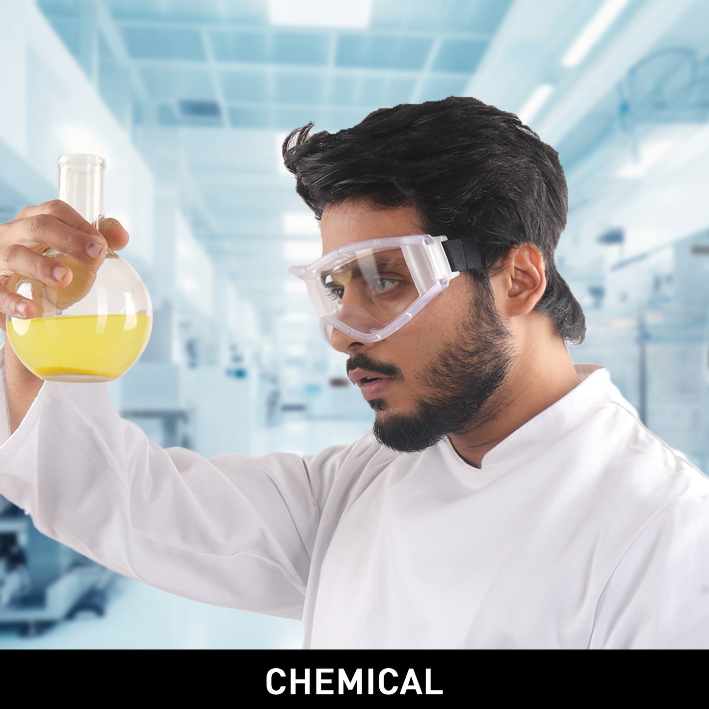 Mallcom Cirrus safety goggles with a clear polycarbonate construction and a black PVC frame.